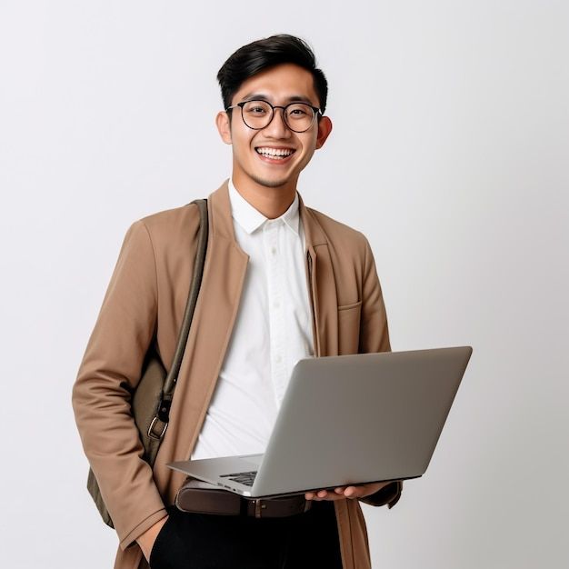 a happy freelancer sitting at his home office drinking coffee or tea and looking at the laptop premium ai generated image